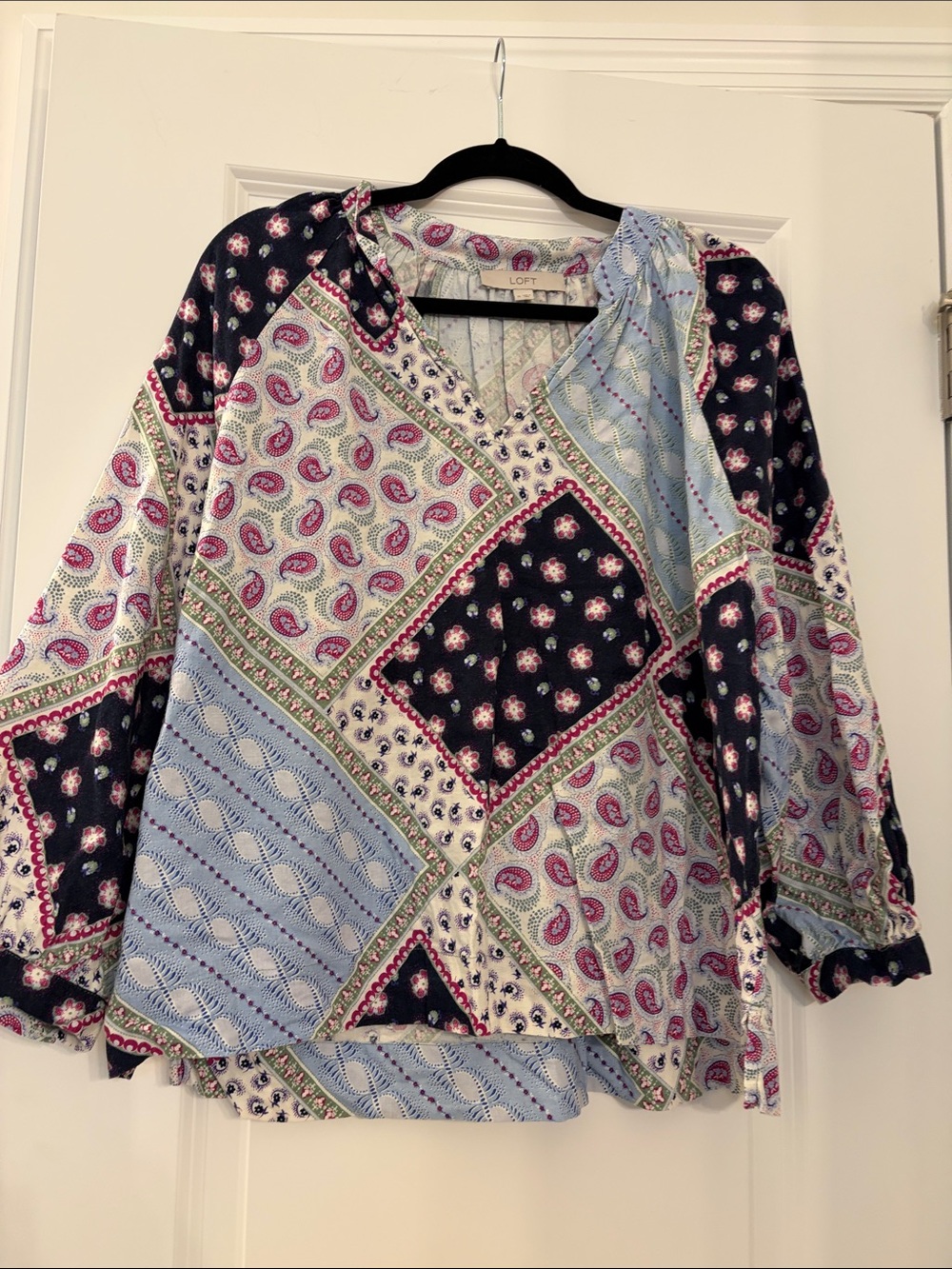 LOFT Patchwork Paisley V-Neck Blouse - Navy, Light Blue & Pink
